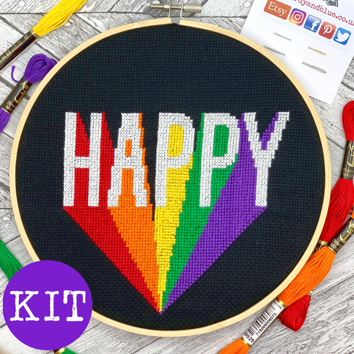 CROSS STITCH KIT - Happy (complete kit including 8" hoop)