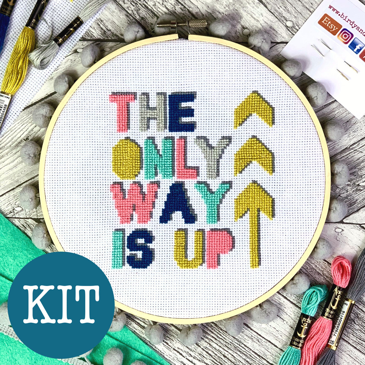 CROSS STITCH KIT - The Only Way Is Up! (complete kit including 8" hoop)