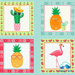 Tropical Squares Panel (Fruity Friends Collection) Premium Cotton Fabric